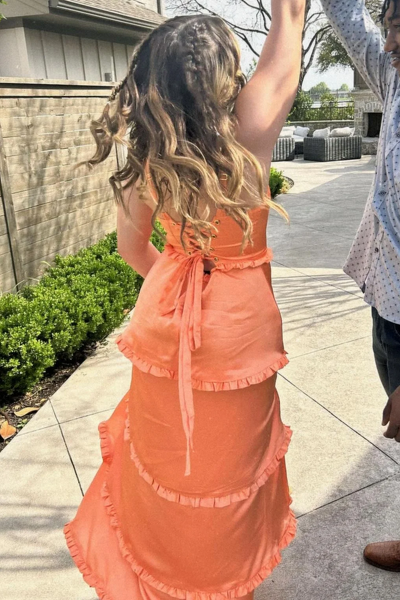 A-Line Straps Square Neck Layered Satin Sleeveless Formal Prom Dress, Ruffles Slit