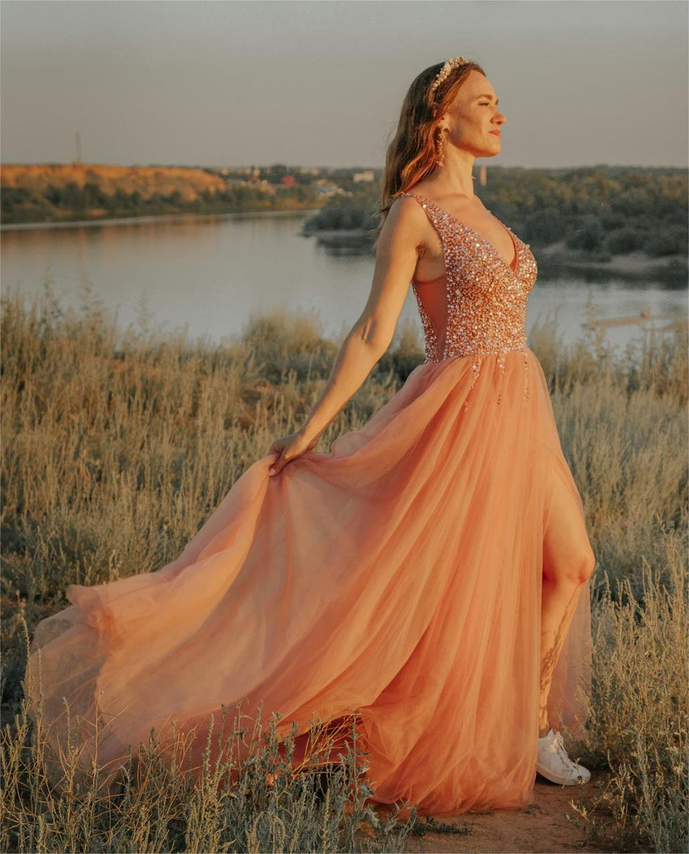 peach flowy dress Flowing Tulle Evening Gown Color:Almond mermaid party dresses GARMENT DETAILS Women's Black/floral Linen-Blend Dress