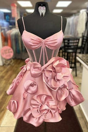 3D Floral Spaghetti Straps A-Line Sky Blue Satin Short Mini Homecoming Dress