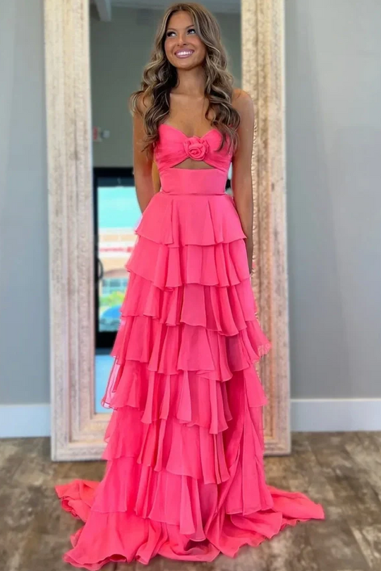 A-Line Strapless V-Neck Cut-out Layered Royal Blue Chiffon Prom Dress, Slit
