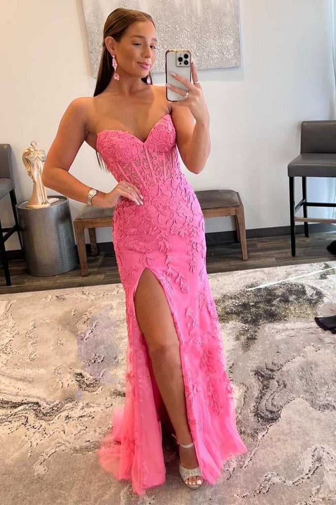 Mermaid Strapless Sweetheart Tulle Long Sweep Formal Party Prom Dress, Slit