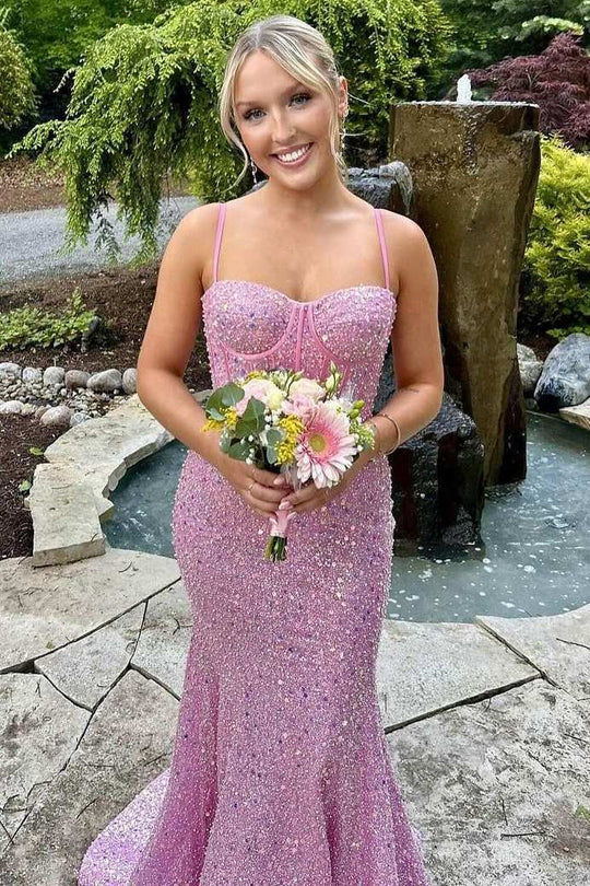 Mermaid Spaghetti Straps Glitter Sequins Long Sweep Train Prom Formal Dress