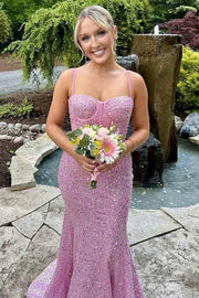 Mermaid Spaghetti Straps Glitter Sequins Long Sweep Train Prom Formal Dress