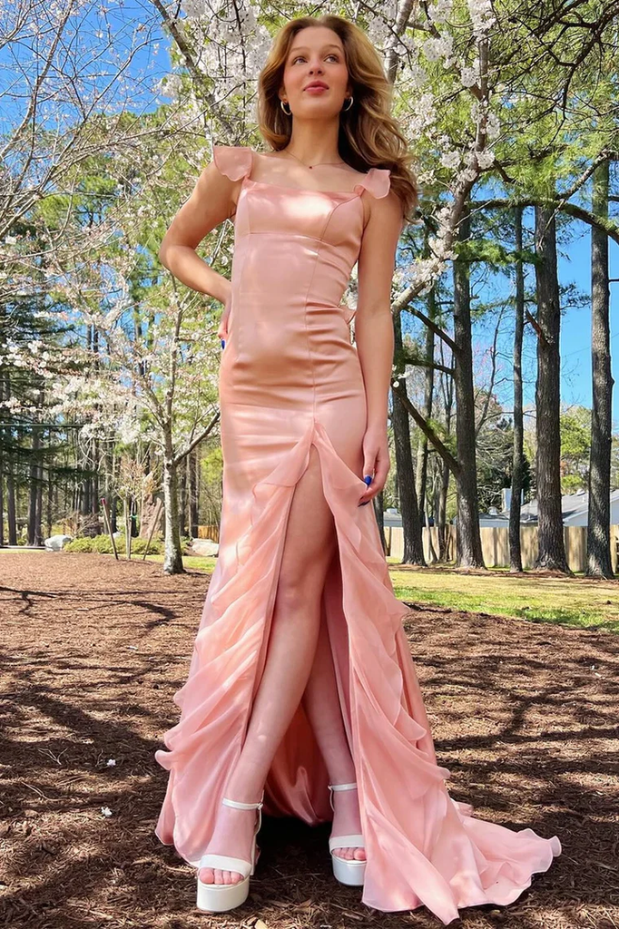 Vestido de Festa Comprido em Cetim Verde com Folhos, Decote Redondo, Mangas Curta Estilo Sereia, Fenda