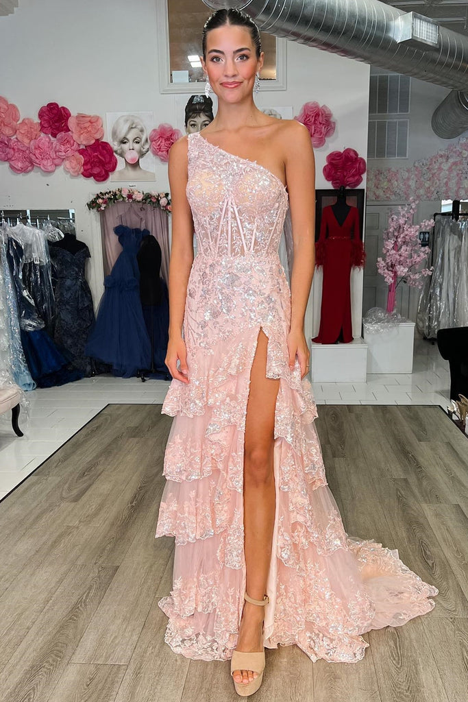 Sleeveless One Shoulder Lace Sequined Tulle Ruffled Tiered Long Prom Gown, Slit