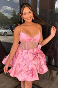 3D Floral Spaghetti Straps A-Line Sky Blue Satin Short Mini Homecoming Dress
