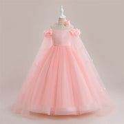 Abito da festa lungo formale per ragazza con spalle scoperte in tulle Princess Flowers, maniche a mantella con cintura
