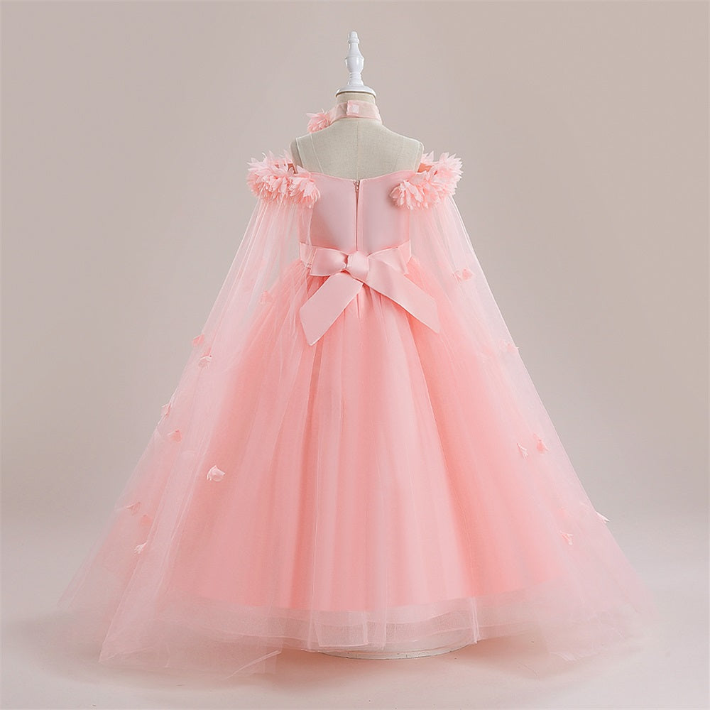 Abito da festa lungo formale per ragazza con spalle scoperte in tulle Princess Flowers, maniche a mantella con cintura