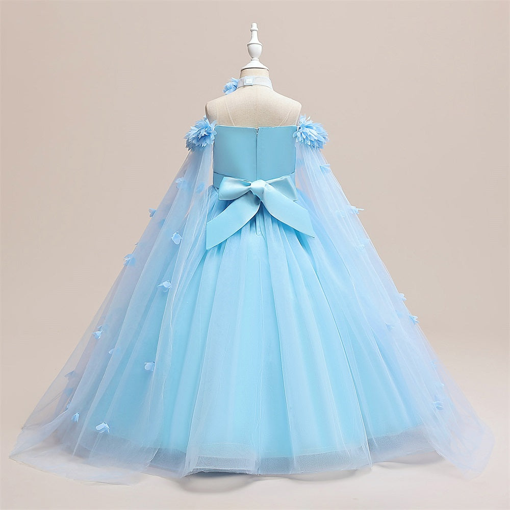 Abito da festa lungo formale per ragazza con spalle scoperte in tulle Princess Flowers, maniche a mantella con cintura