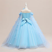 Abito da festa lungo formale per ragazza con spalle scoperte in tulle Princess Flowers, maniche a mantella con cintura