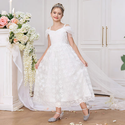 Robe de demoiselle d'honneur en dentelle florale, à épaules dénudées, manches bouffantes, longueur thé, traîne cathédrale