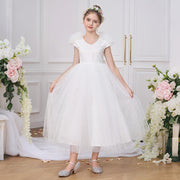 Abito da damigella d'onore bianco in tulle con maniche a cappuccio, schiena a V, paillettes e fiocco di Princess Fluffy.