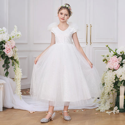 Robe de demoiselle d'honneur blanche en tulle à sequins avec dos en V et manches courtes Princess Fluffy, nœud
