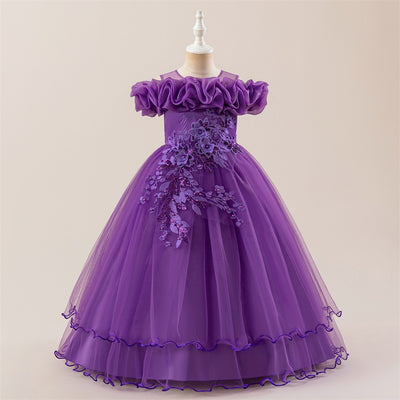 Robe de bal à volants, épaules dénudées, encolure transparente, superposée, longue, pour fille d'honneur, avec appliques