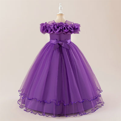 Robe de bal à volants, épaules dénudées, encolure transparente, superposée, longue, pour fille d'honneur, avec appliques