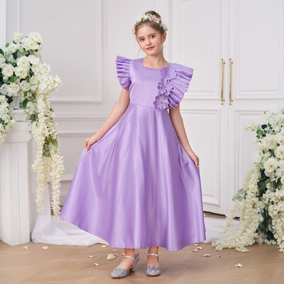 Robe de fête pour fille longueur thé en satin lavande à manches volantées en ligne A, fleurs perlées