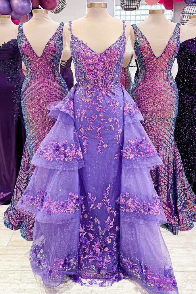 Mermaid Blue Sequin Lace V-Neck Organza Pageant Dress, Tiered Train
