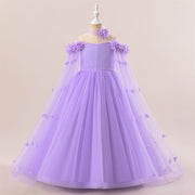 Abito da festa lungo formale per ragazza con spalle scoperte in tulle Princess Flowers, maniche a mantella con cintura