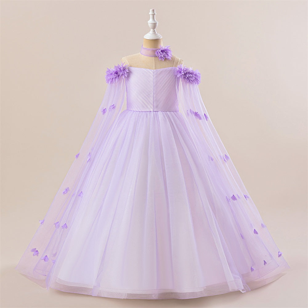 Abito da festa lungo formale per ragazza con spalle scoperte in tulle Princess Flowers, maniche a mantella con cintura