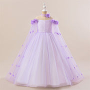 Abito da festa lungo formale per ragazza con spalle scoperte in tulle Princess Flowers, maniche a mantella con cintura