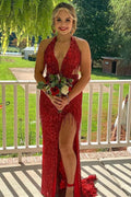 Sheath Halter Plunging Sleeveless Red Sequin Fringe Long Prom Dress, Slit