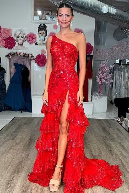Sleeveless One Shoulder Lace Sequined Tulle Ruffled Tiered Long Prom Gown, Slit