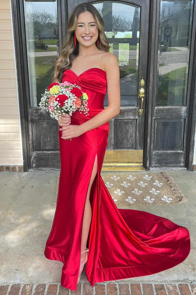 Vestido de Festa de Cetim Comprido com Cauda, Sem Alças, com Recortes, Fenda, Estilo Sereia