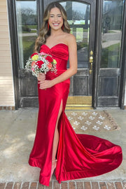 Vestido de Festa de Cetim Comprido com Cauda, Sem Alças, com Recortes, Fenda, Estilo Sereia