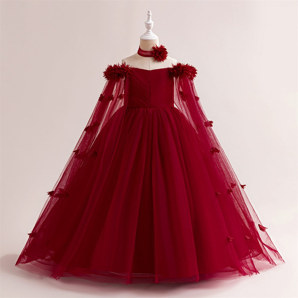 Abito da festa lungo formale per ragazza con spalle scoperte in tulle Princess Flowers, maniche a mantella con cintura