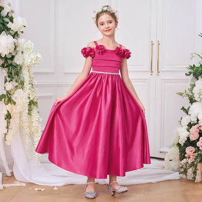 Robe de soirée longue pour fille à fleurs en satin fuchsia, coupe A, épaules dénudées, ceinture perlée