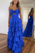 A-Line Strapless V-Neck Cut-out Layered Royal Blue Chiffon Prom Dress, Slit