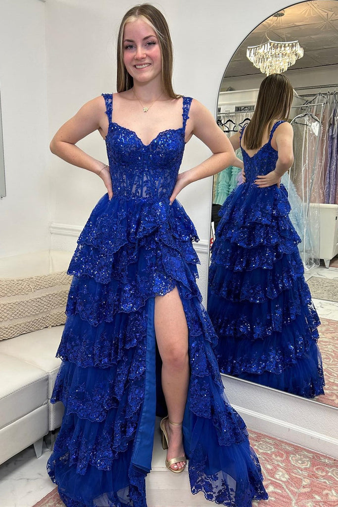 A-line Off Shoulder Sweetheart Sequin Lace Tulle Tiered Long Prom Dress, Slit