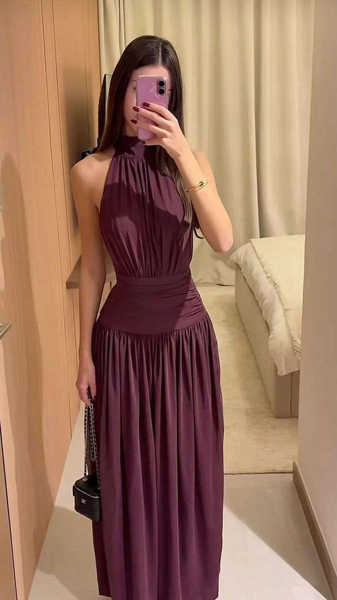 Ruched Halter-Neck Column Gown, Dropped Waist - Princessly Ruched Halter-Neck Column Gown, Dropped Waist - Princessly