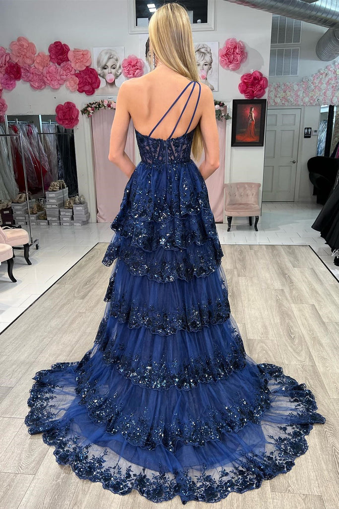 A-line Fuchsia One Shoulder Corset Lace Tulle Ruffled Tiered Prom Dress, Slit