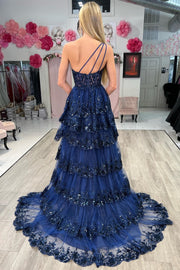A-line Fuchsia One Shoulder Corset Lace Tulle Ruffled Tiered Prom Dress, Slit