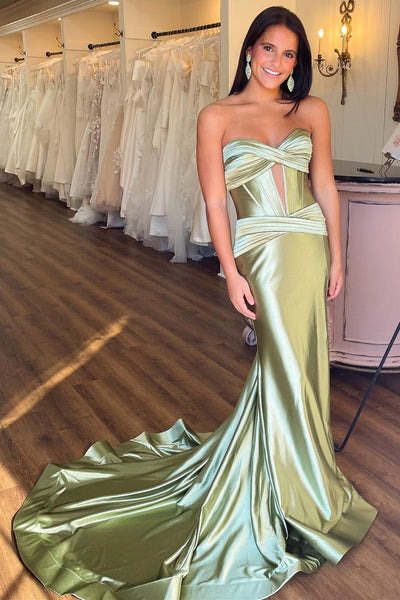 Mermaid Strapless Cut Out Satin Floor Length Sweep Train Prom Party Dress, Slit