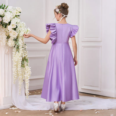 Robe de fête pour fille longueur thé en satin lavande à manches volantées en ligne A, fleurs perlées