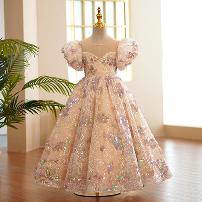 Robe de bal de princesse à manches bouffantes en sequins et dentelle pour enfants, robe de fête pour demoiselle d'honneur