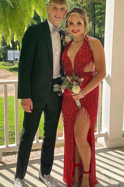 Sheath Halter Plunging Sleeveless Red Sequin Fringe Long Prom Dress, Slit