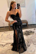 Sheath Corset Strapless Sweetheart Black Lace Long Sweep Train Prom Dress, Slit