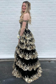 A-line Off Shoulder Sweetheart Sequin Lace Tulle Tiered Long Prom Dress, Slit