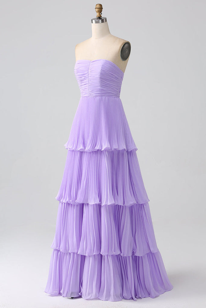 Emerald Green Strapless Ruched Multi-Layer Chiffon Long Formal Prom Party Dress