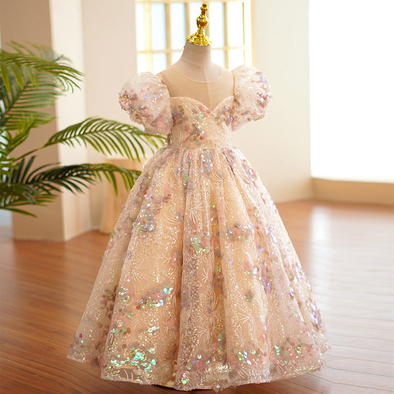 Vestido de fiesta para niña con mangas abullonadas, lentejuelas y encaje, vestido de novia de princesa