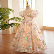 Vestido de fiesta para niña con mangas abullonadas, lentejuelas y encaje, vestido de novia de princesa