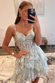 A-line Off Shoulder Sweetheart Layered Short Sequin Lace Tulle Homecoming Dress