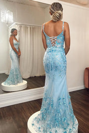 Mermaid Blue Sequin Lace V-Neck Organza Pageant Dress, Tiered Train
