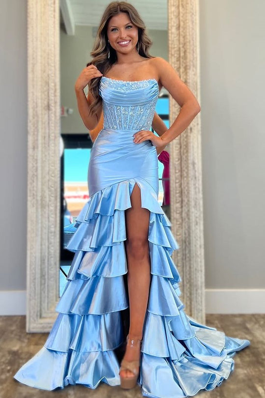 Strapless Scoop Tiered Pleated Fuchsia Satin Mermaid Sweep Prom Dress, Slit