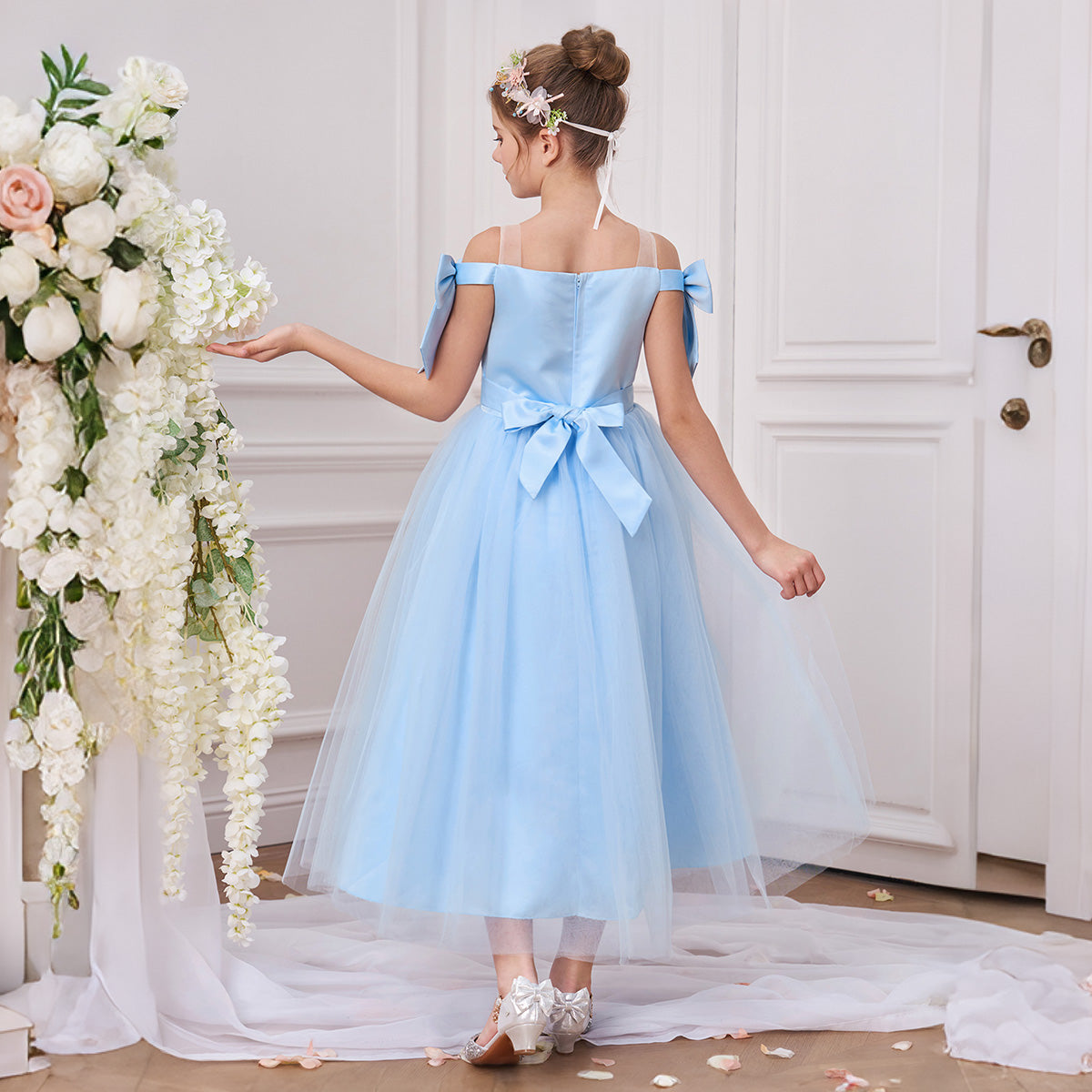 Princess Off Shoulder Sky Blue Tulle Tea Length Flower Girl Party