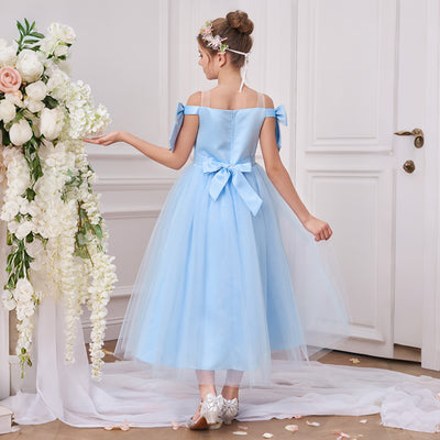 Robe de fête pour fille d'honneur en tulle bleu ciel à épaules dénudées, longueur thé, avec nœud en sash