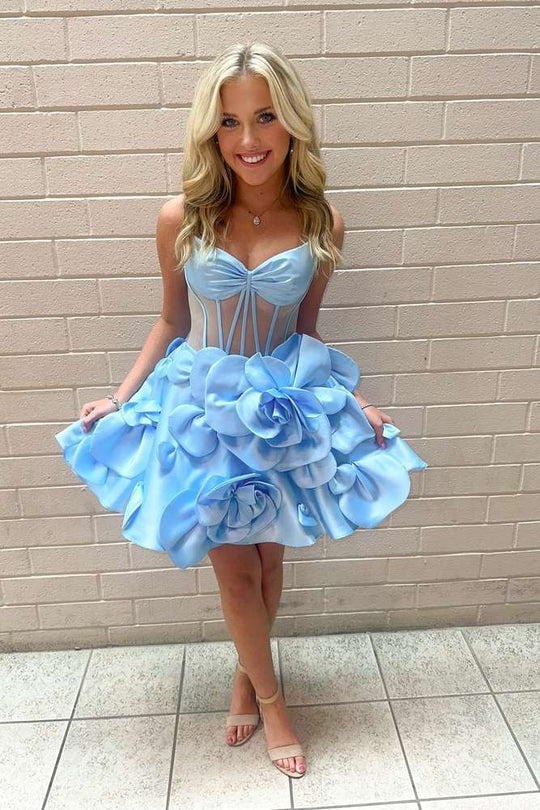 3D Floral Spaghetti Straps A-Line Sky Blue Satin Short Mini Homecoming Dress